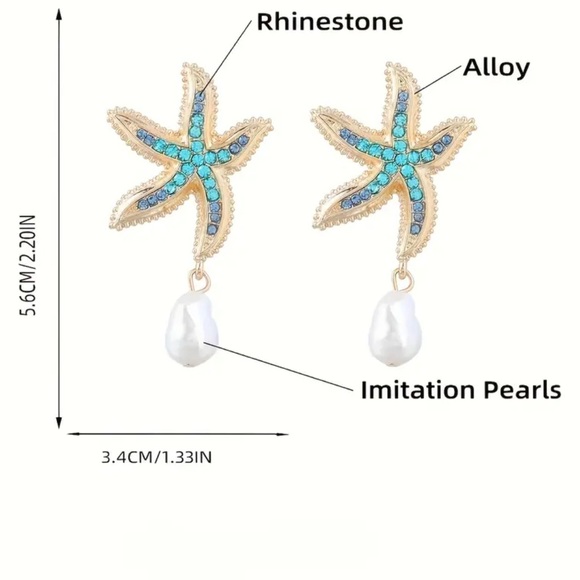 Gold Starfish Earrings with Blue Rhinestones & Pearl Drop NEW NWT Coastal - Picture 4 of 4